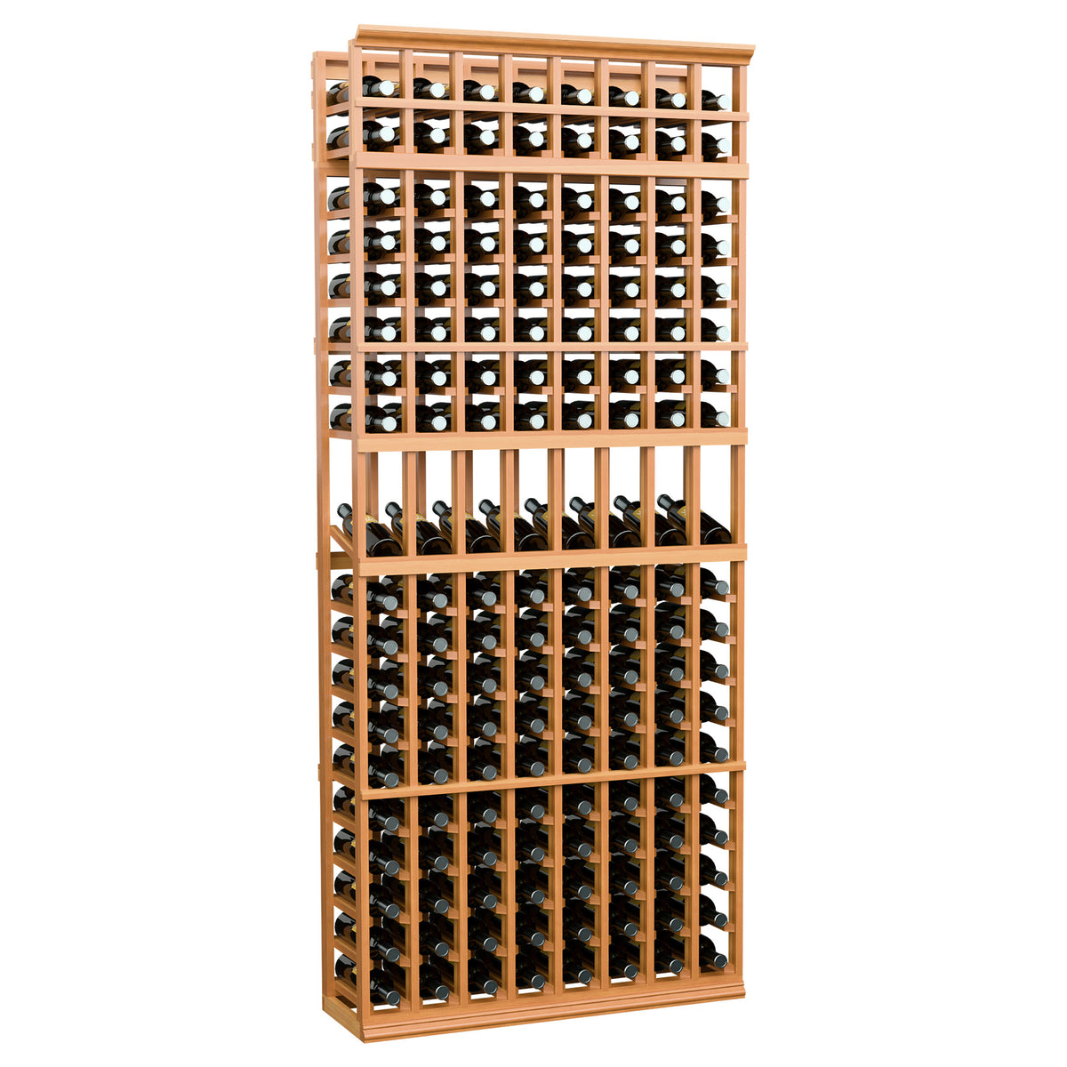 Medium warm wood 7 ft 8-column wine bottle display rack with front bottle slots