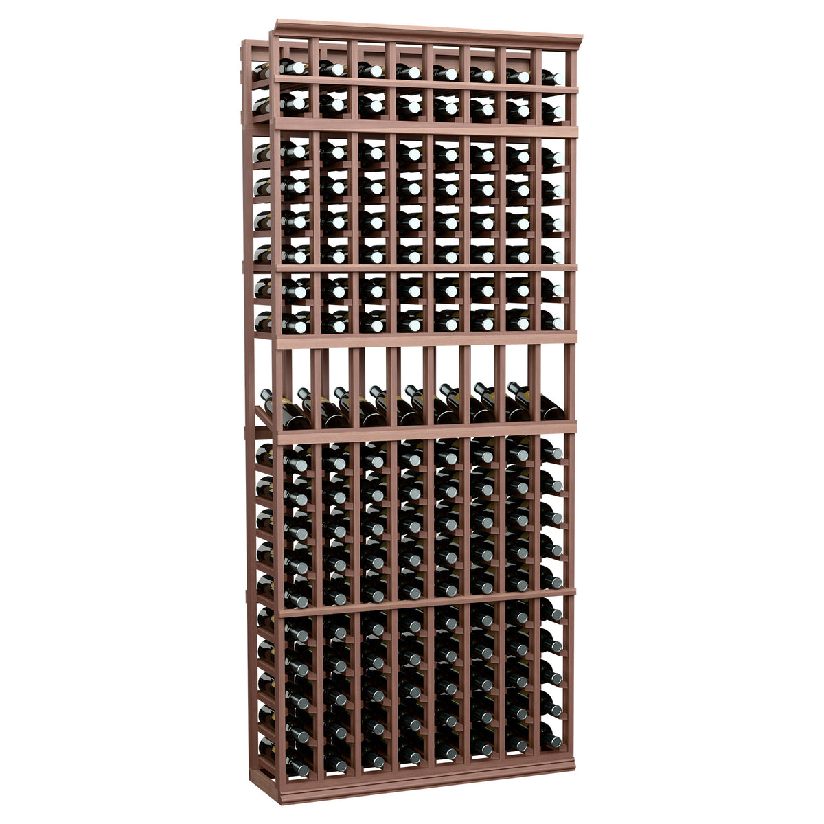 Dark wood 7 ft 8-column wine bottle display rack with front bottle slots
