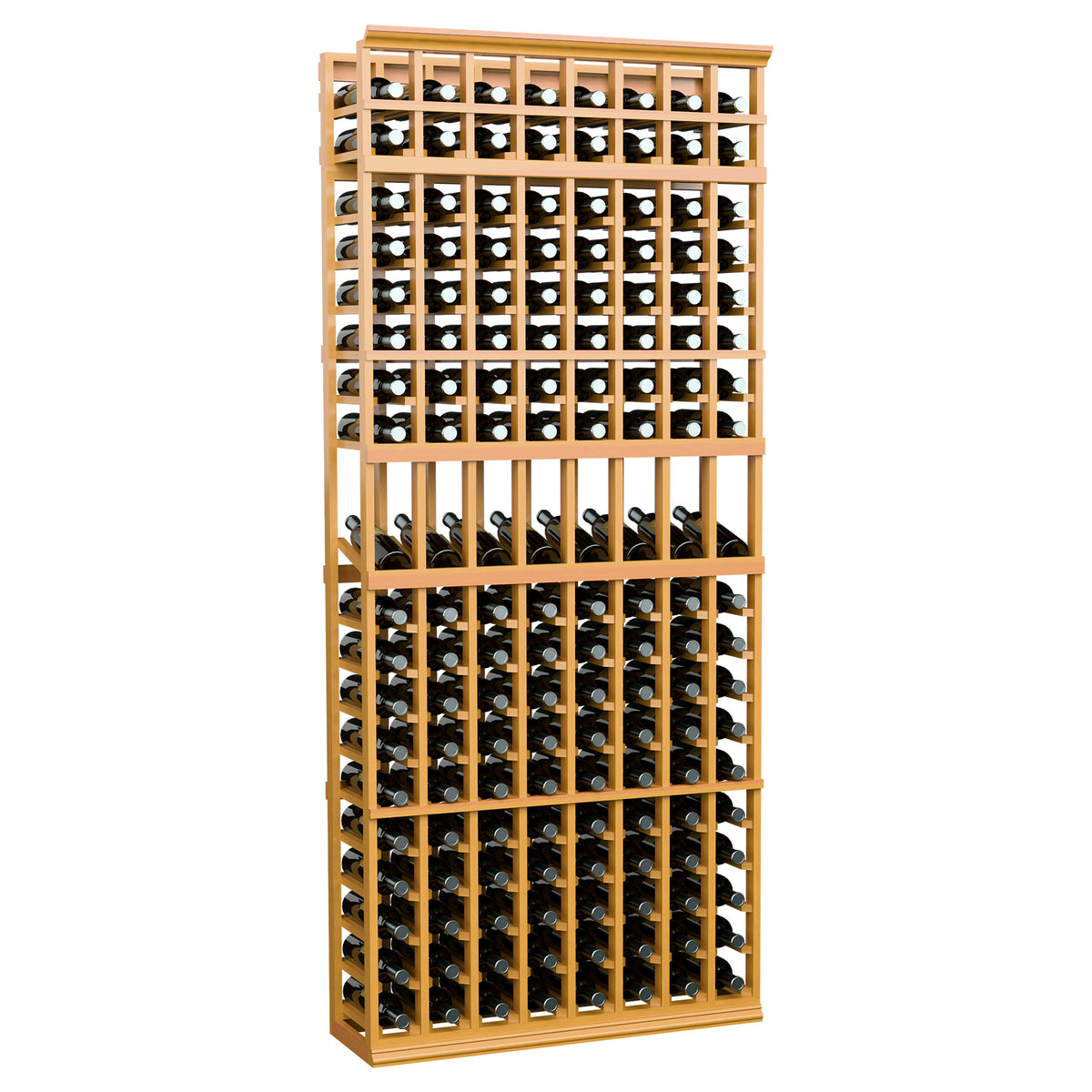 Wheat-toned wood 7 ft 8-column wine bottle display rack with front bottle slots