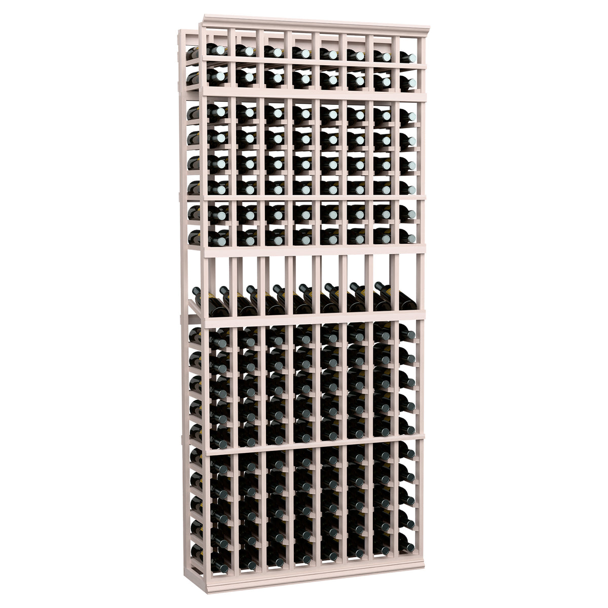 Grey-finished 7 ft 8-column wine bottle display rack with front bottle slots
