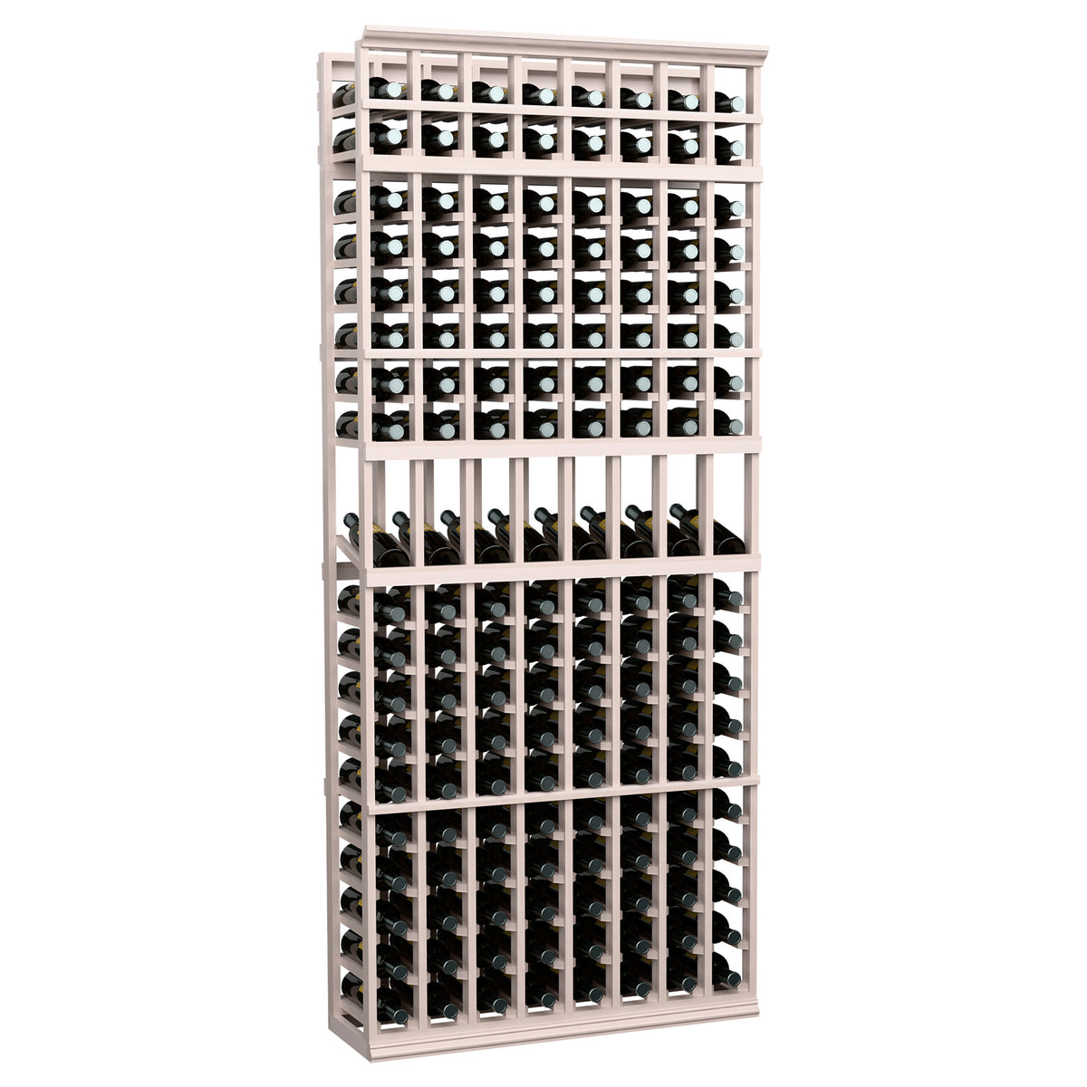 Pale grey 7 ft 8-column wine bottle display rack with front bottle slots