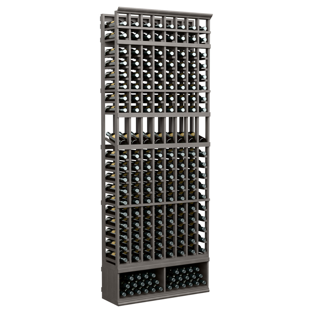 8-foot wine bottle display rack with 8 columns, dark frame and bottle slots