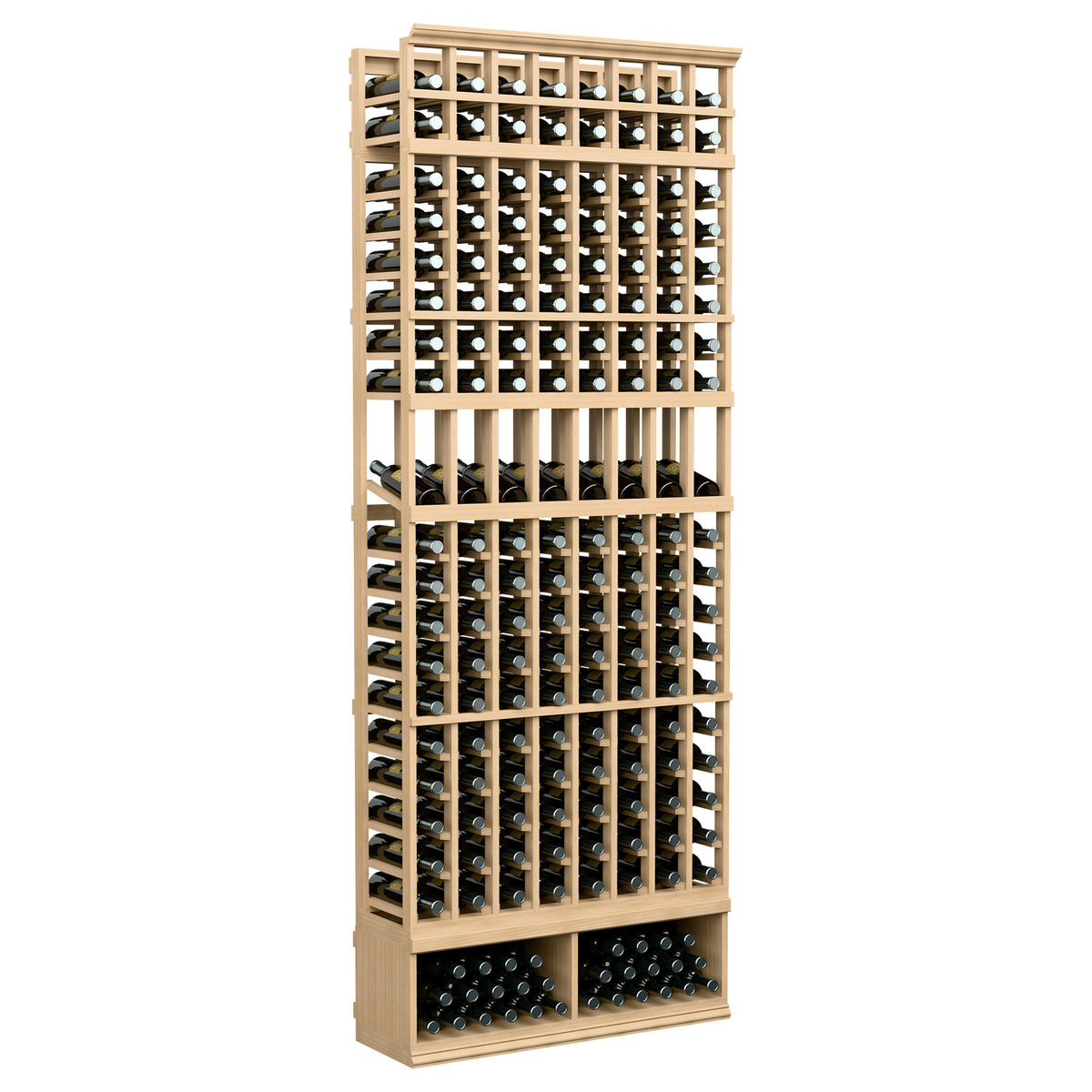 8-foot wine bottle display rack with 8 columns, light wood frame and bottle slots