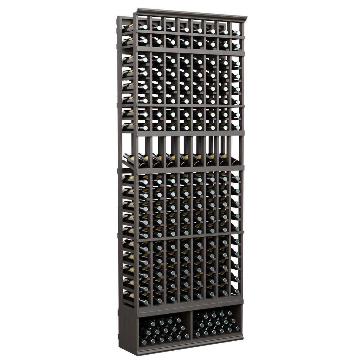 8-foot wine bottle display rack with 8 columns, dark frame and bottle slots