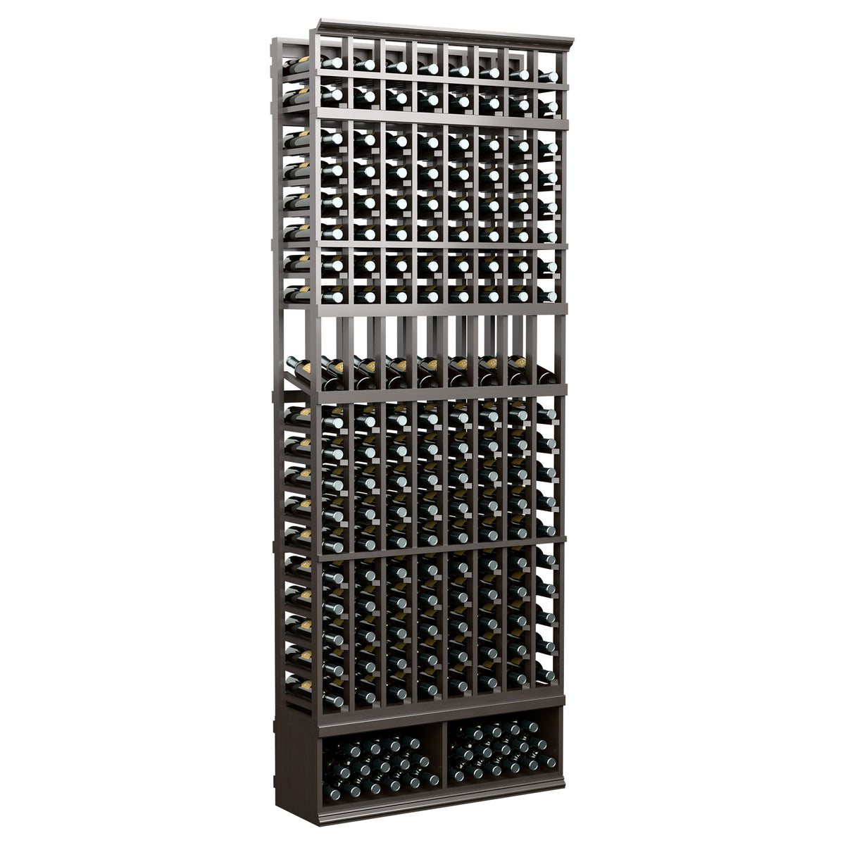 8-foot wine bottle display rack with 8 columns, dark gray frame and bottle slots
