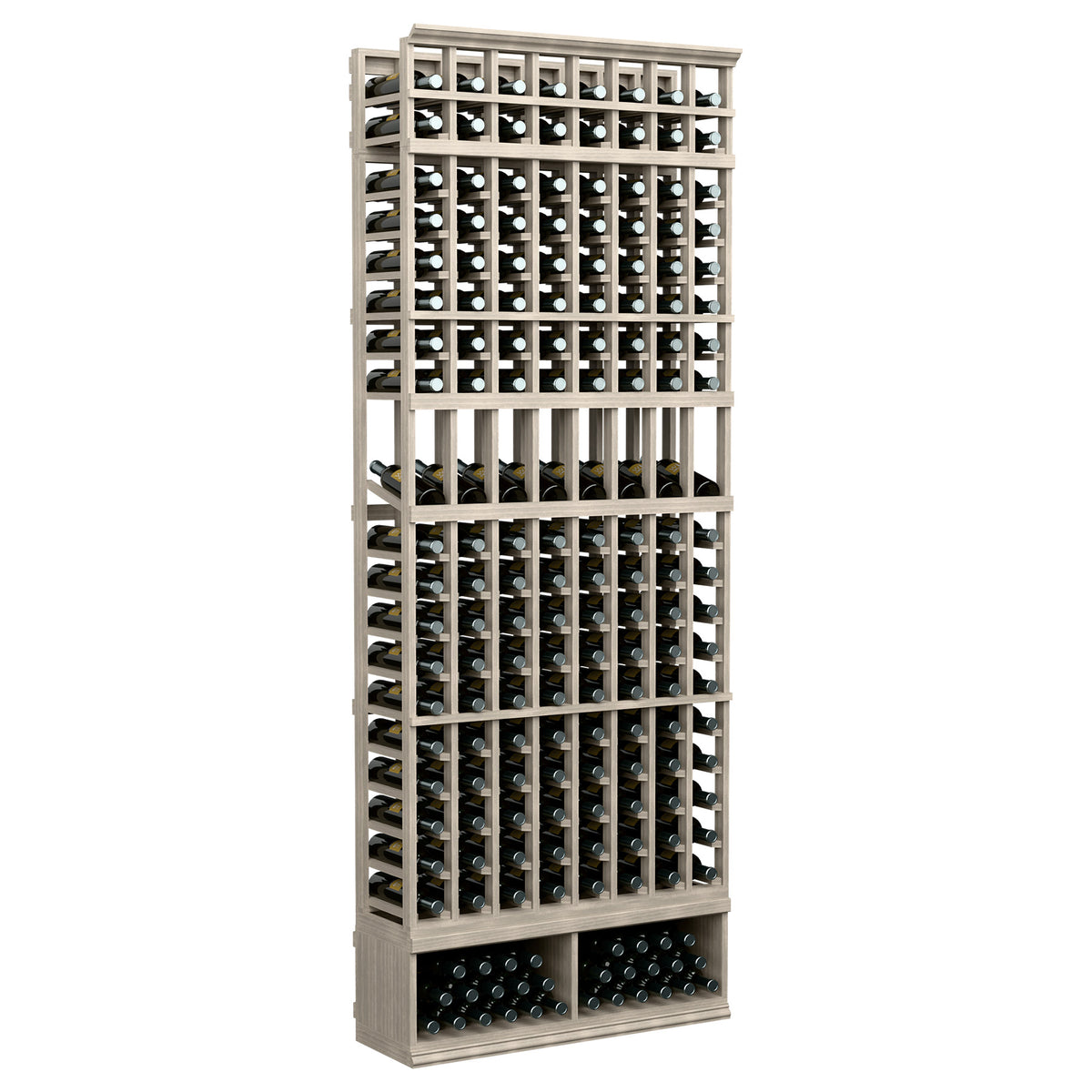 8-column wine bottle display rack with whitewashed wooden frame and black bottle holders