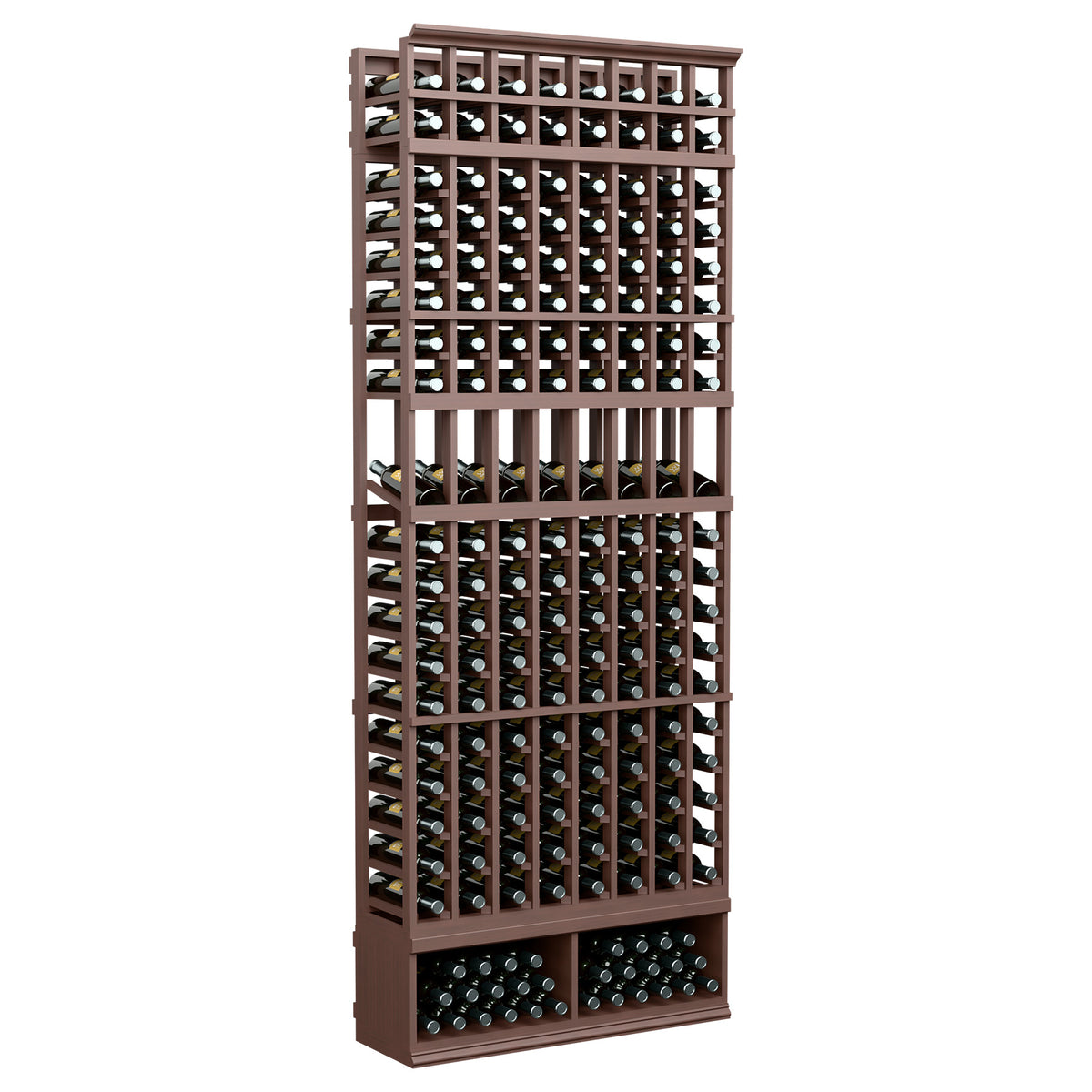 8-column wine bottle display rack with dark brown wood frame and black bottle holders