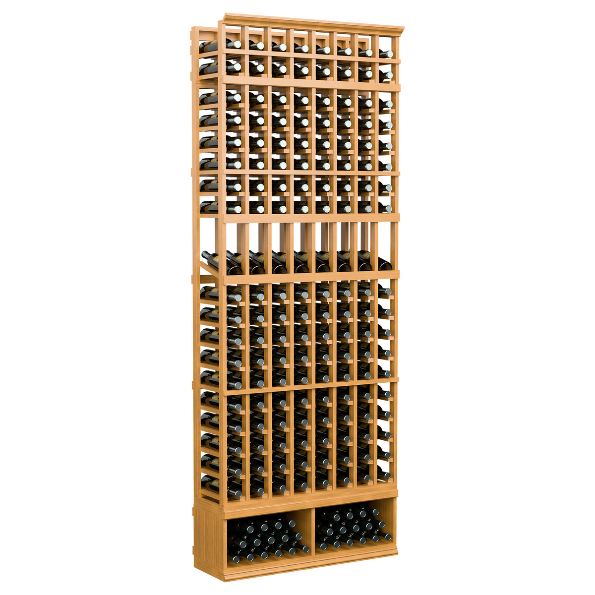 8-column wine bottle display rack with warm tan wood frame and black bottle holder rails