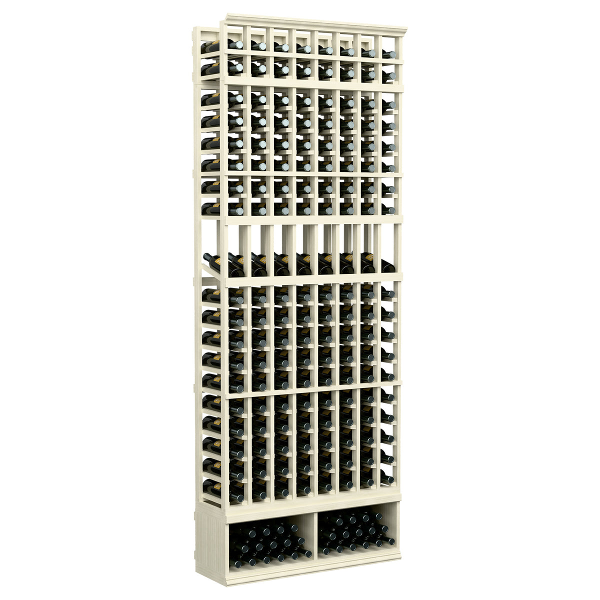 8-column wine bottle display rack with pale wood frame and black bottle holders