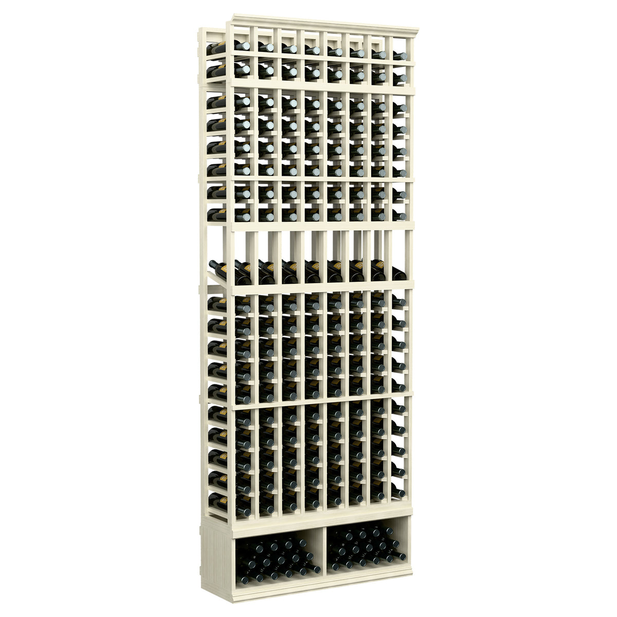 8-column wine bottle display rack with white wood frame and black bottle holder rails