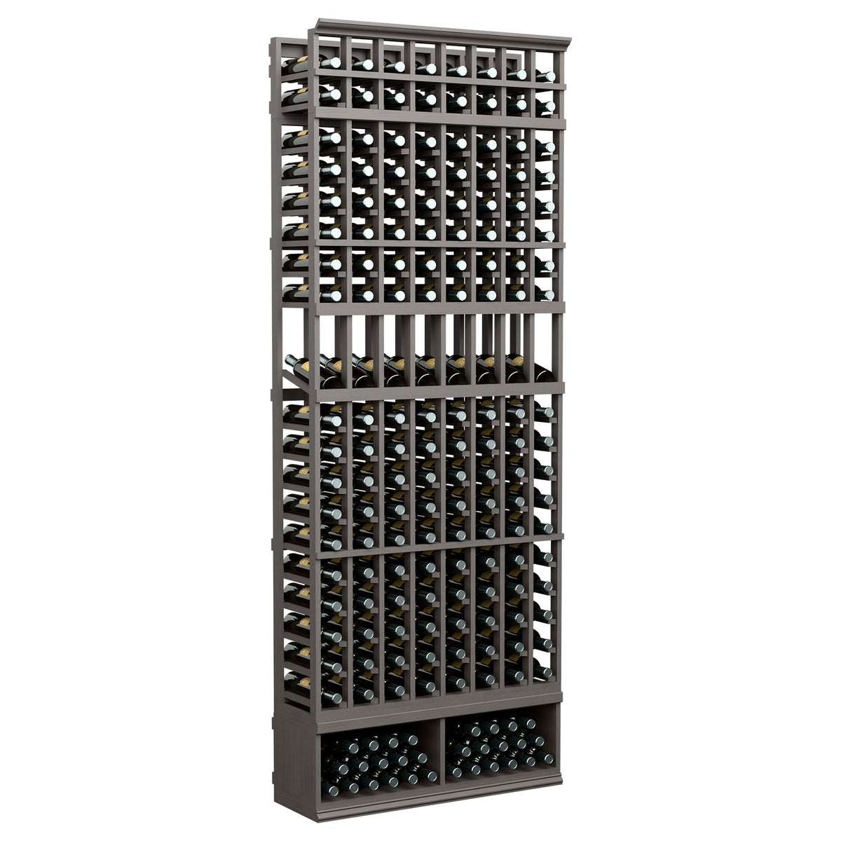 8-column 8FT wine display rack with dark-stained wood frame and front bottle grid