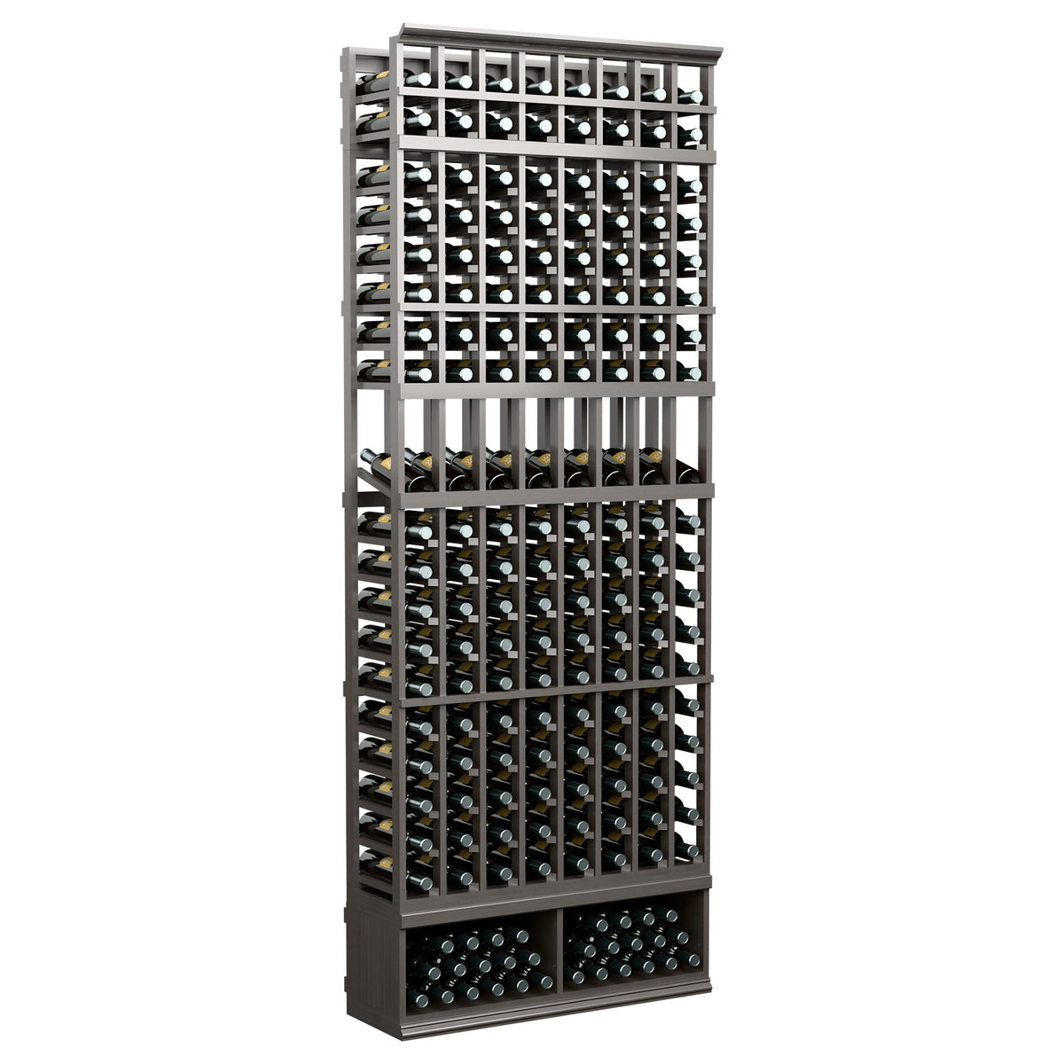 8-column 8FT wine display rack with dark-stained wood slats and front bottle holes
