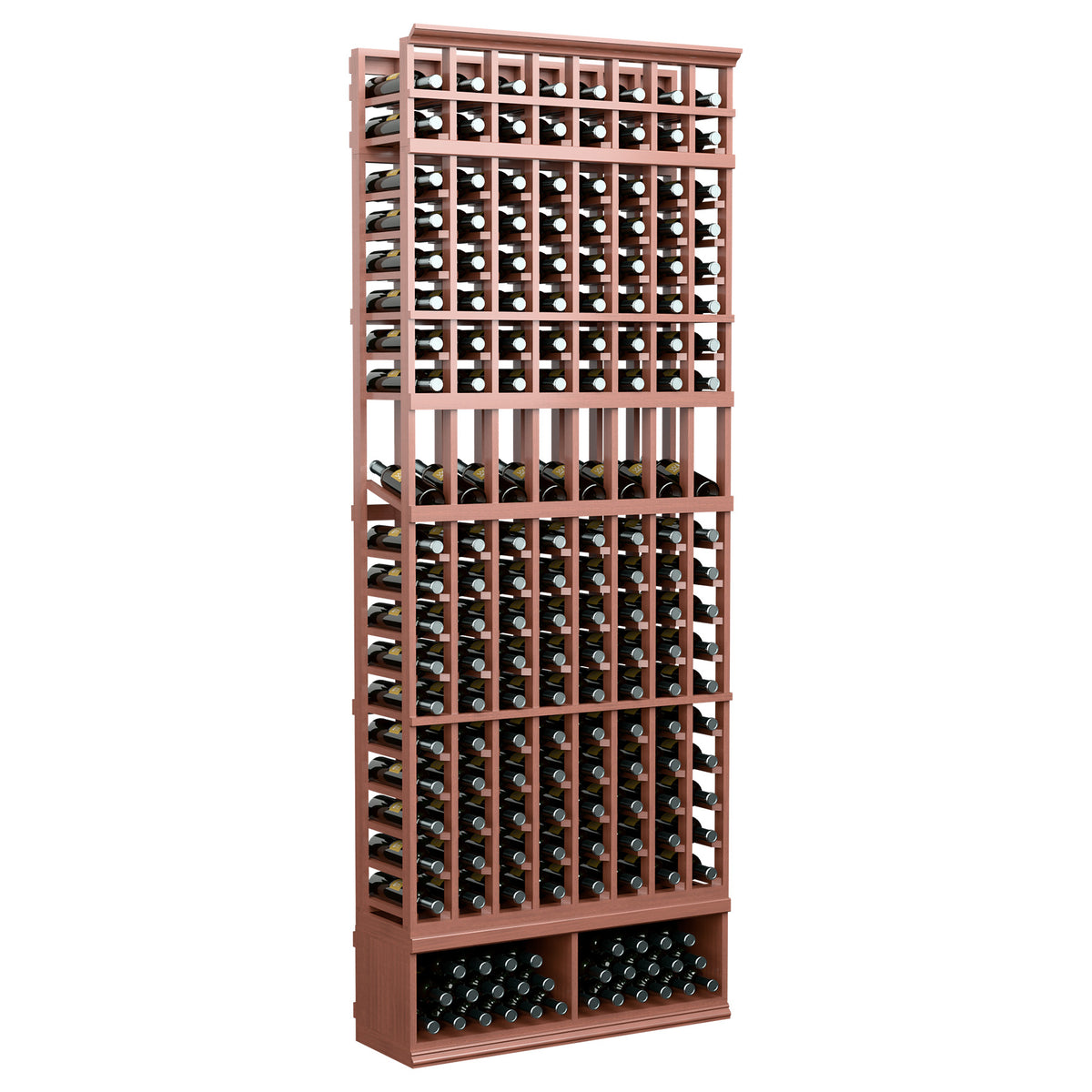 8-column 8FT wine display rack with reddish-brown wood slats and front bottle holes