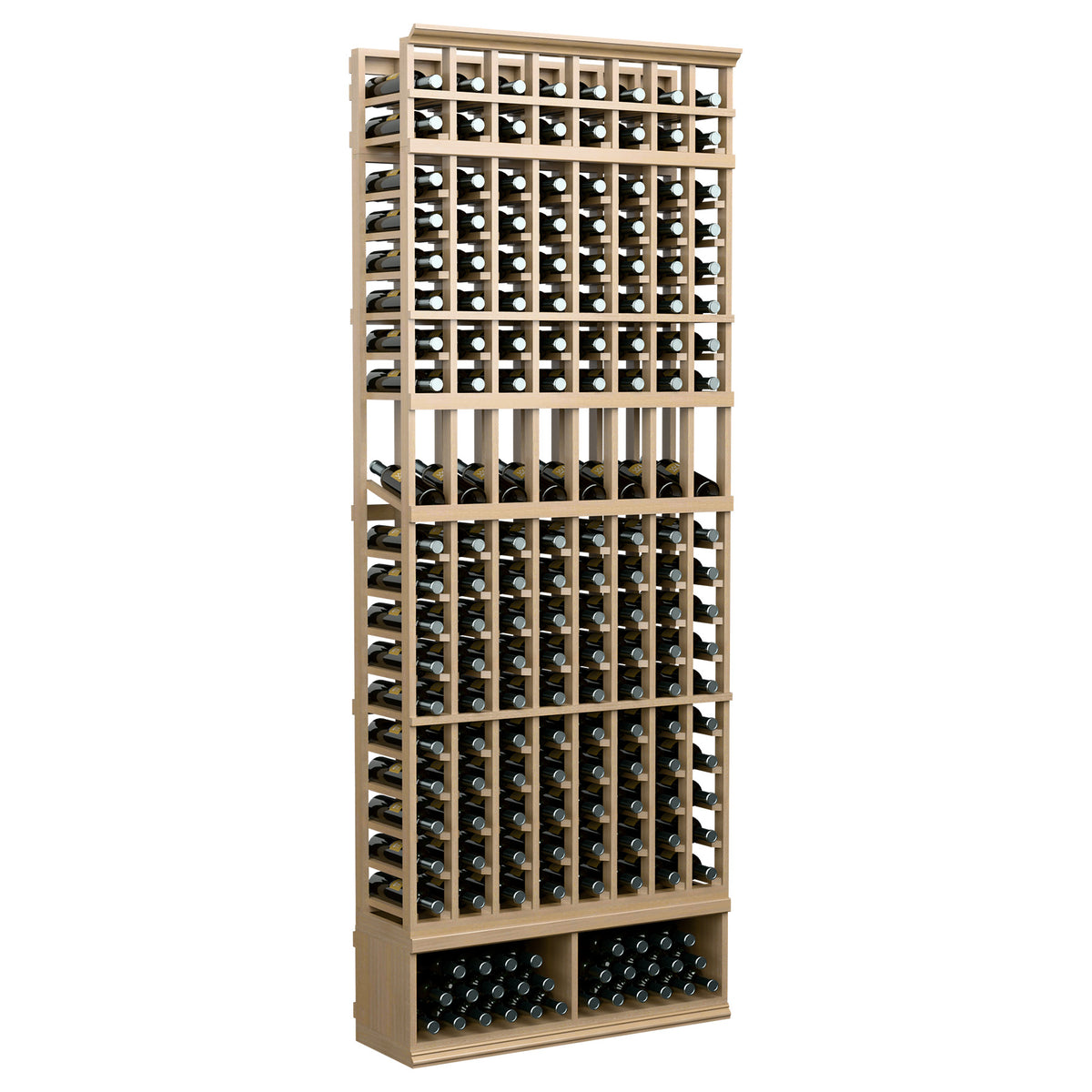8-column 8FT wine display rack with light wood slats and front bottle holes