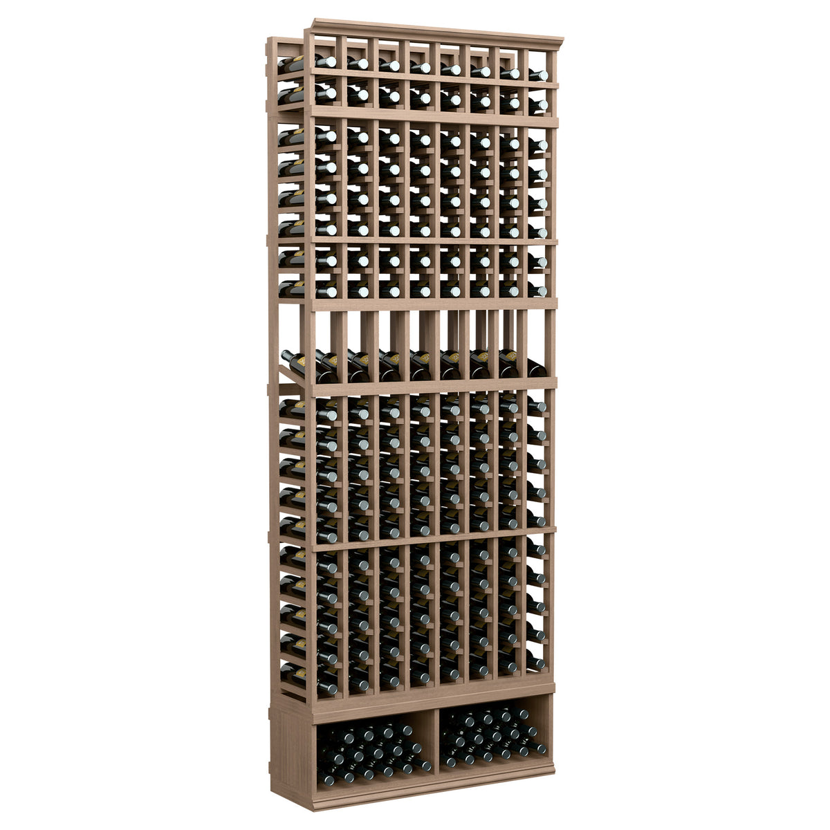 8-column 8FT wine display rack with beige wood frame and front bottle grid