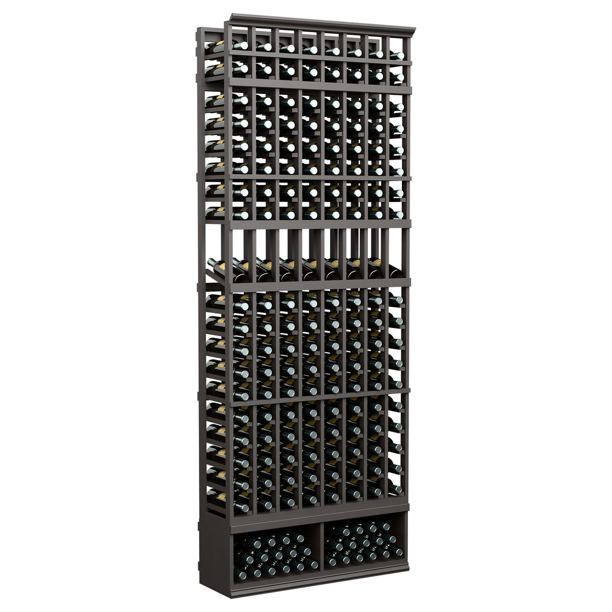 8-column 8FT wine display rack with dark-stained wood frame and front bottle grid