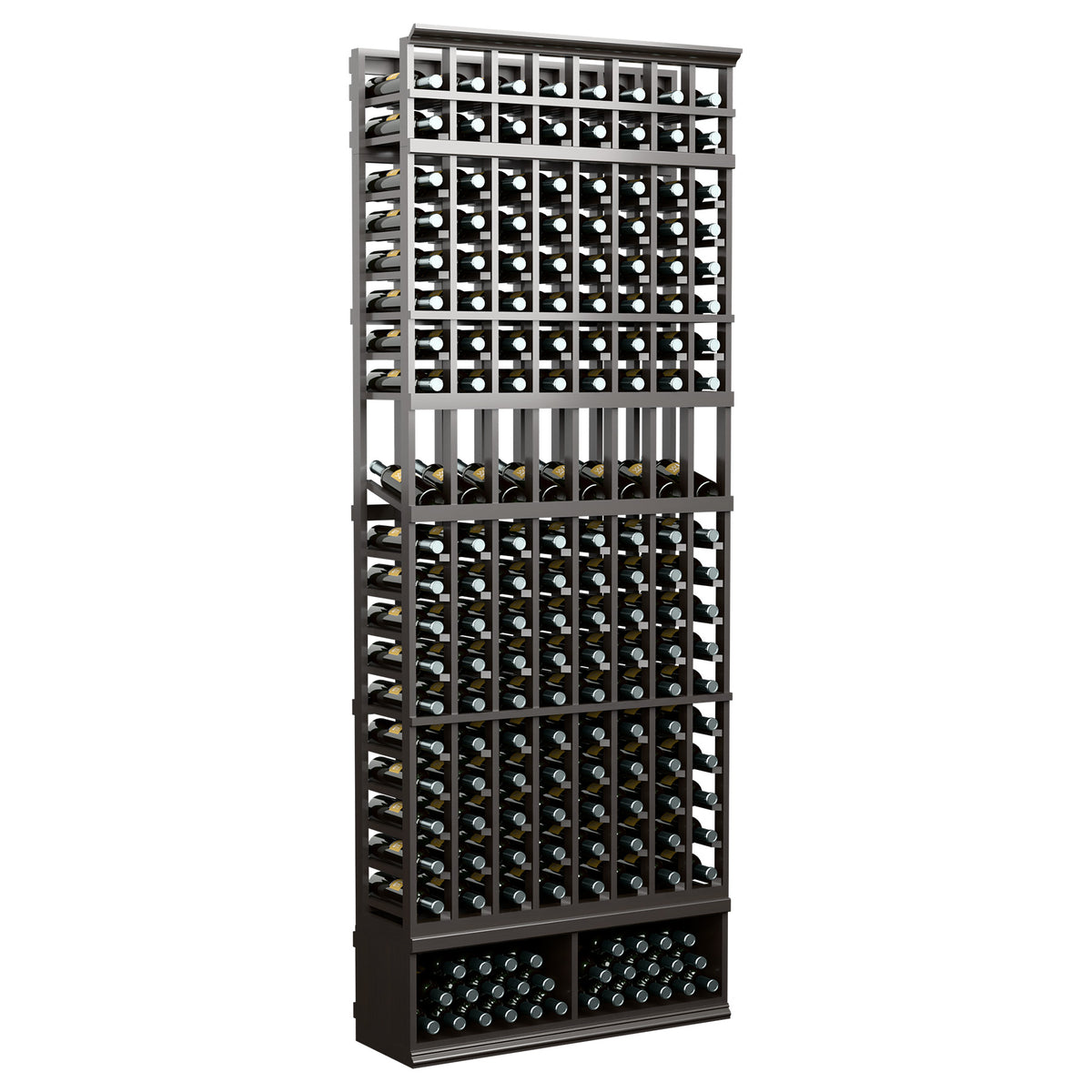 8-column 8FT wine display rack with dark-stained wood slats and front bottle holes