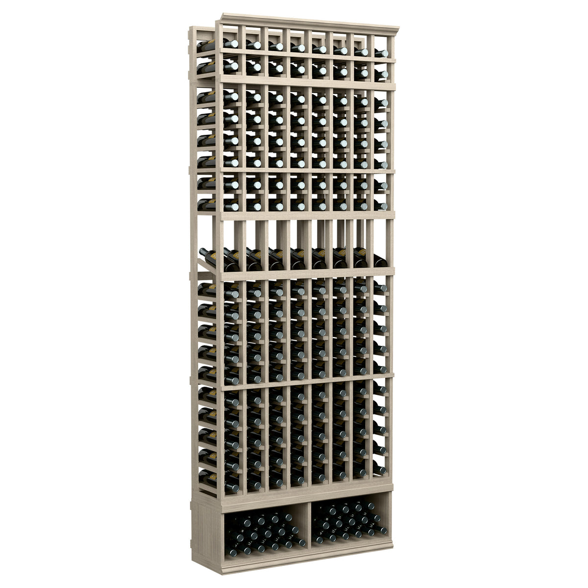 8-column wine bottle display rack with dark metal supports and grey wood frame