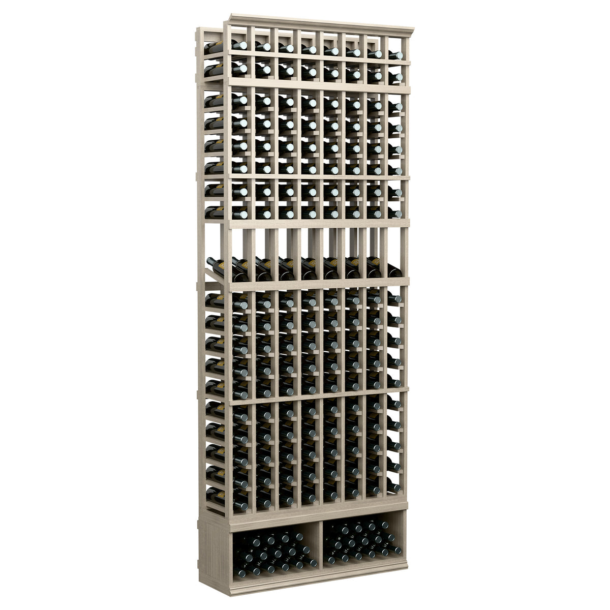 8-column wine bottle display rack with dark bottle slots and light grey wood frame