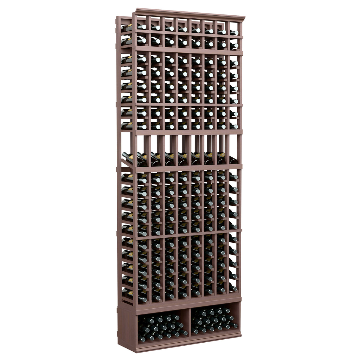 8-column wine bottle display rack with dark wood frame and black bottle holder rails