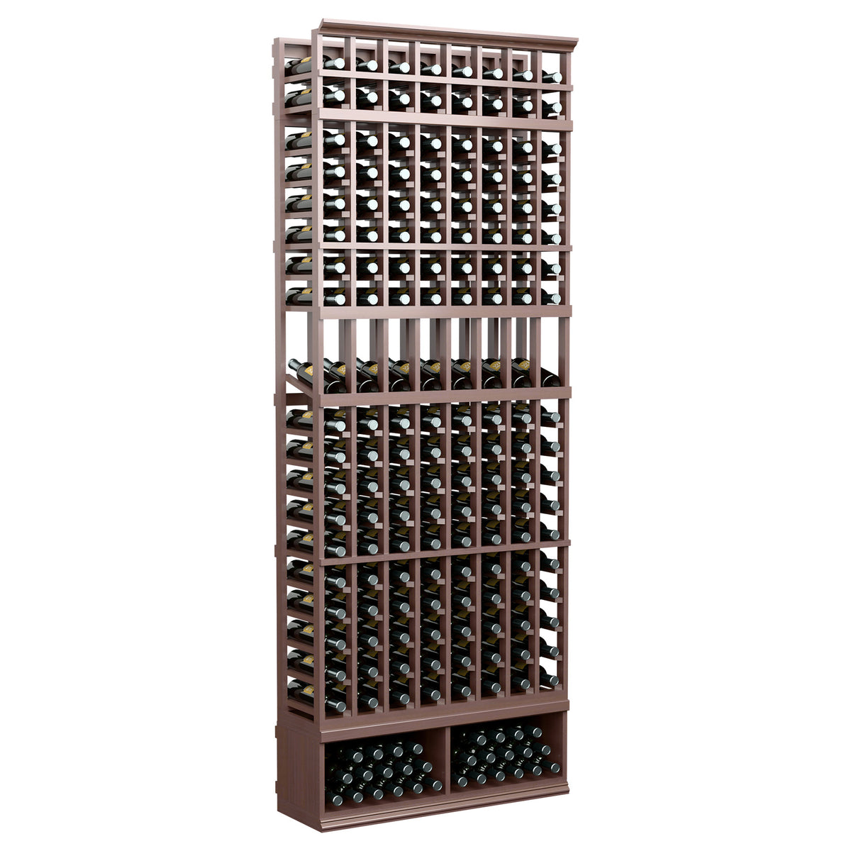 8-column wine bottle display rack with espresso-brown frame and black bottle holders