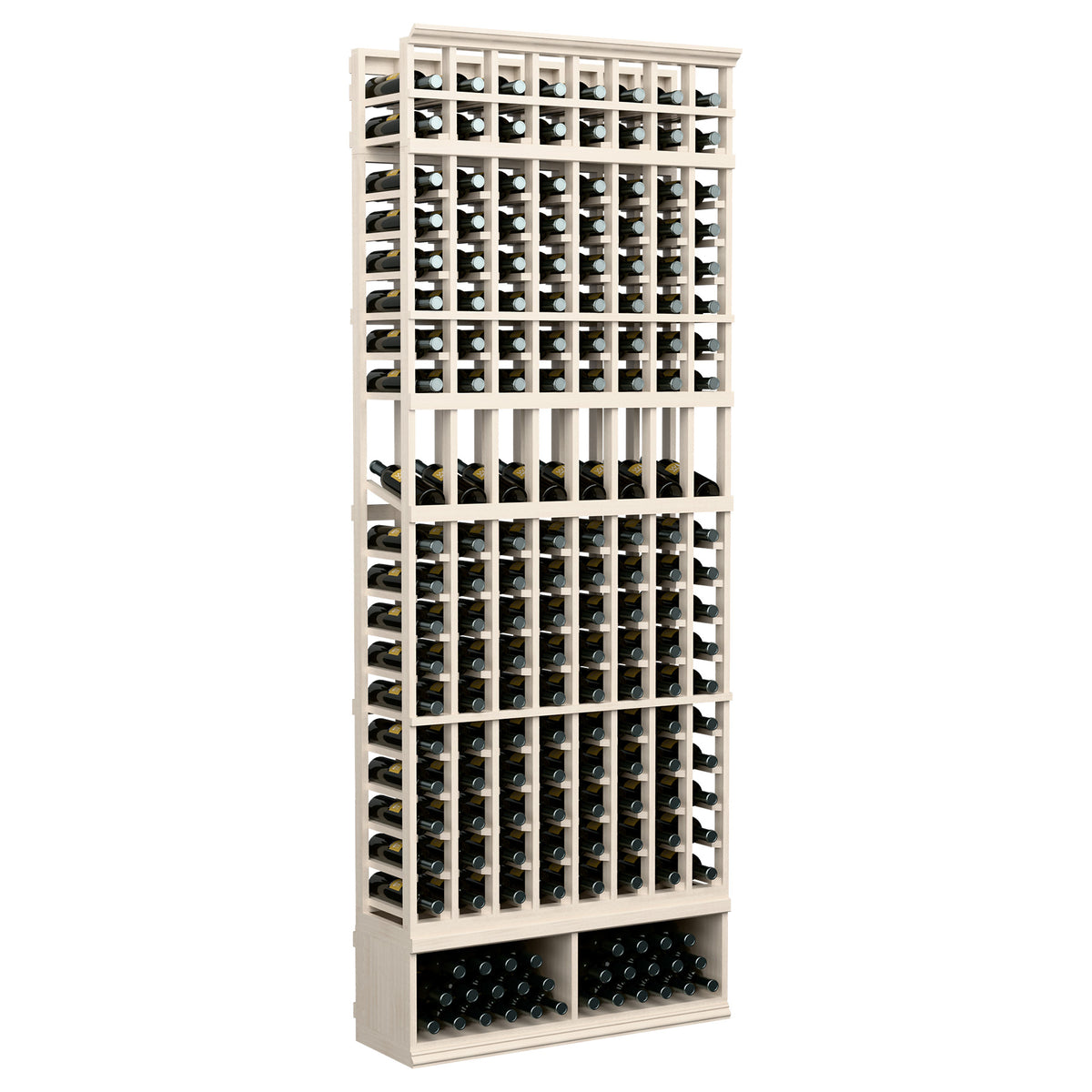 8-column wine bottle display rack with pale wood frame and dark bottle slot supports