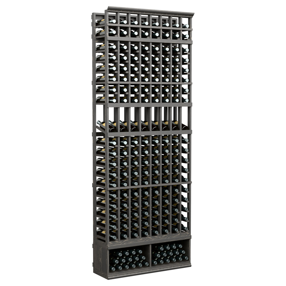 8-column wine display rack with black frame and circular bottle openings