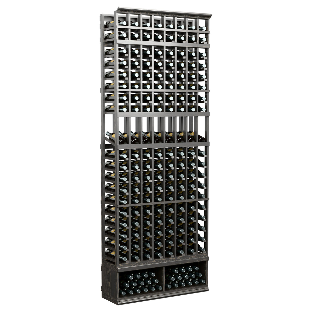 8-column wine display rack with black shelves and circular bottle openings