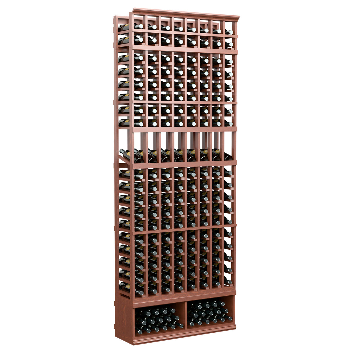 8-column wine display rack with reddish-brown shelves and circular bottle openings