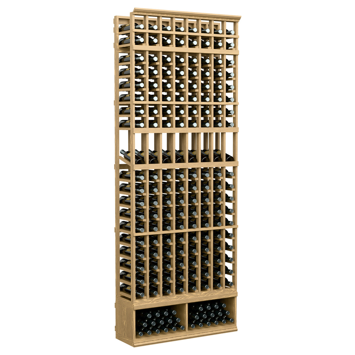 8-column wine display rack with pale wood frame and circular bottle openings