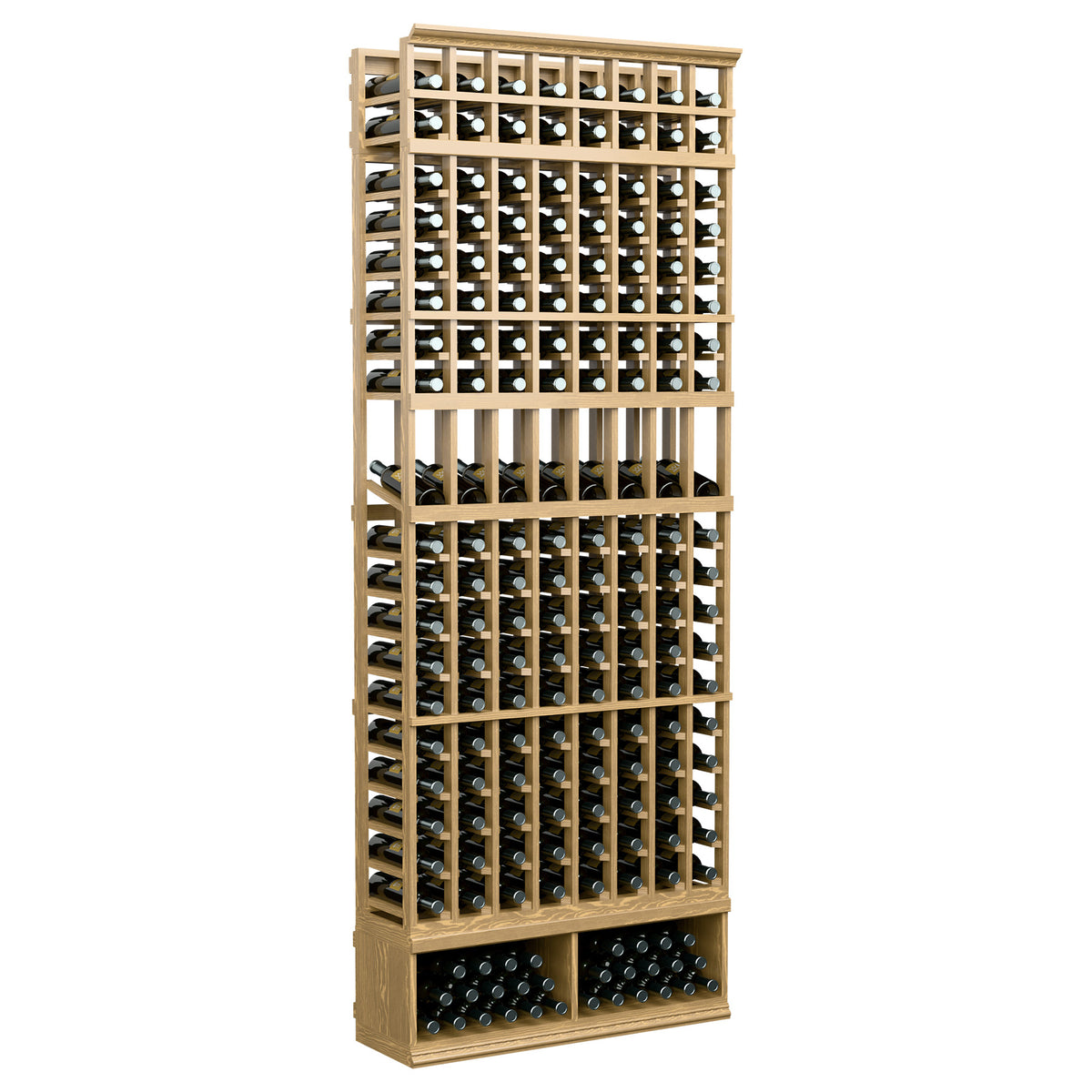 8-column wine display rack with pale wood shelves and circular bottle openings