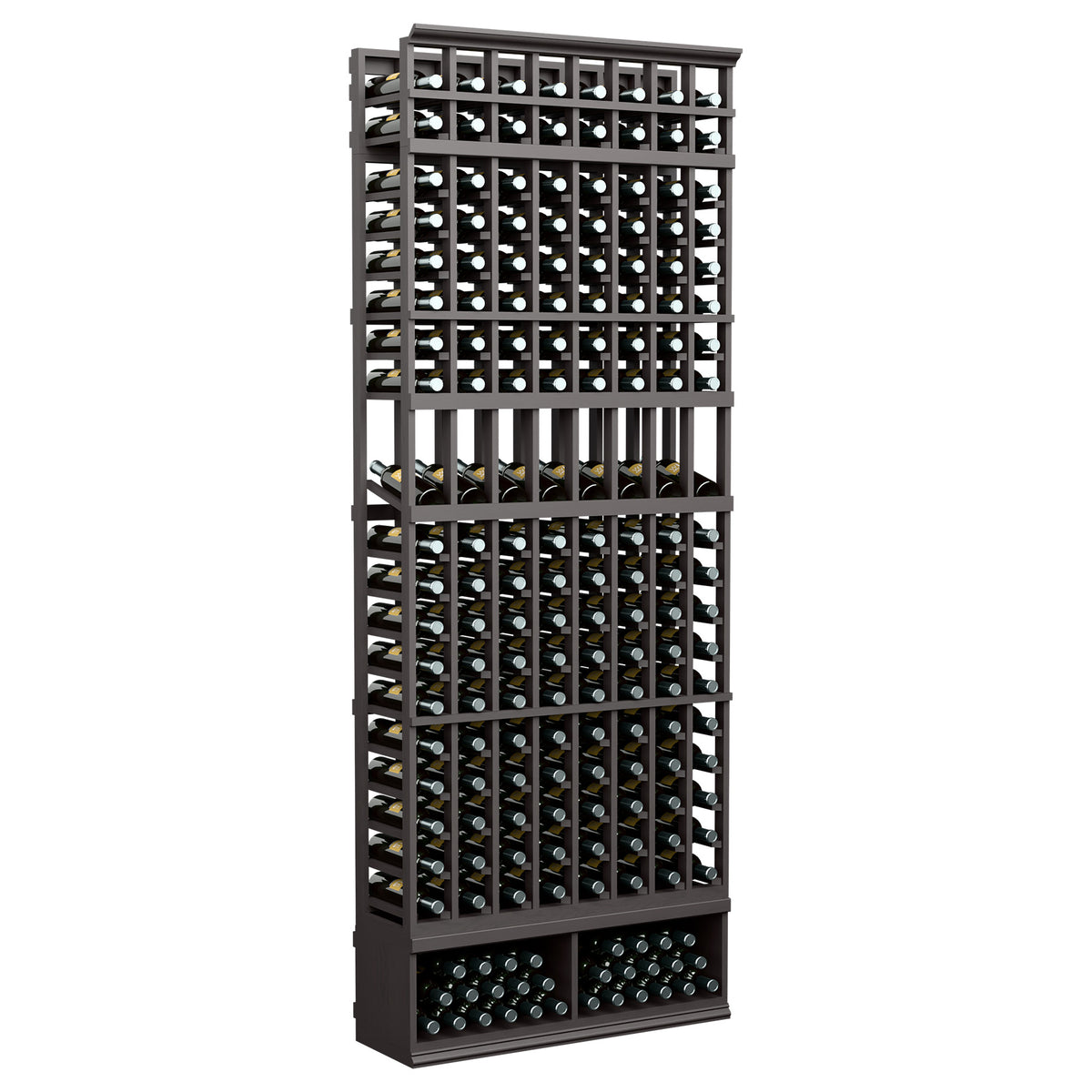 8-column wine display rack with dark/black frame and circular bottle openings