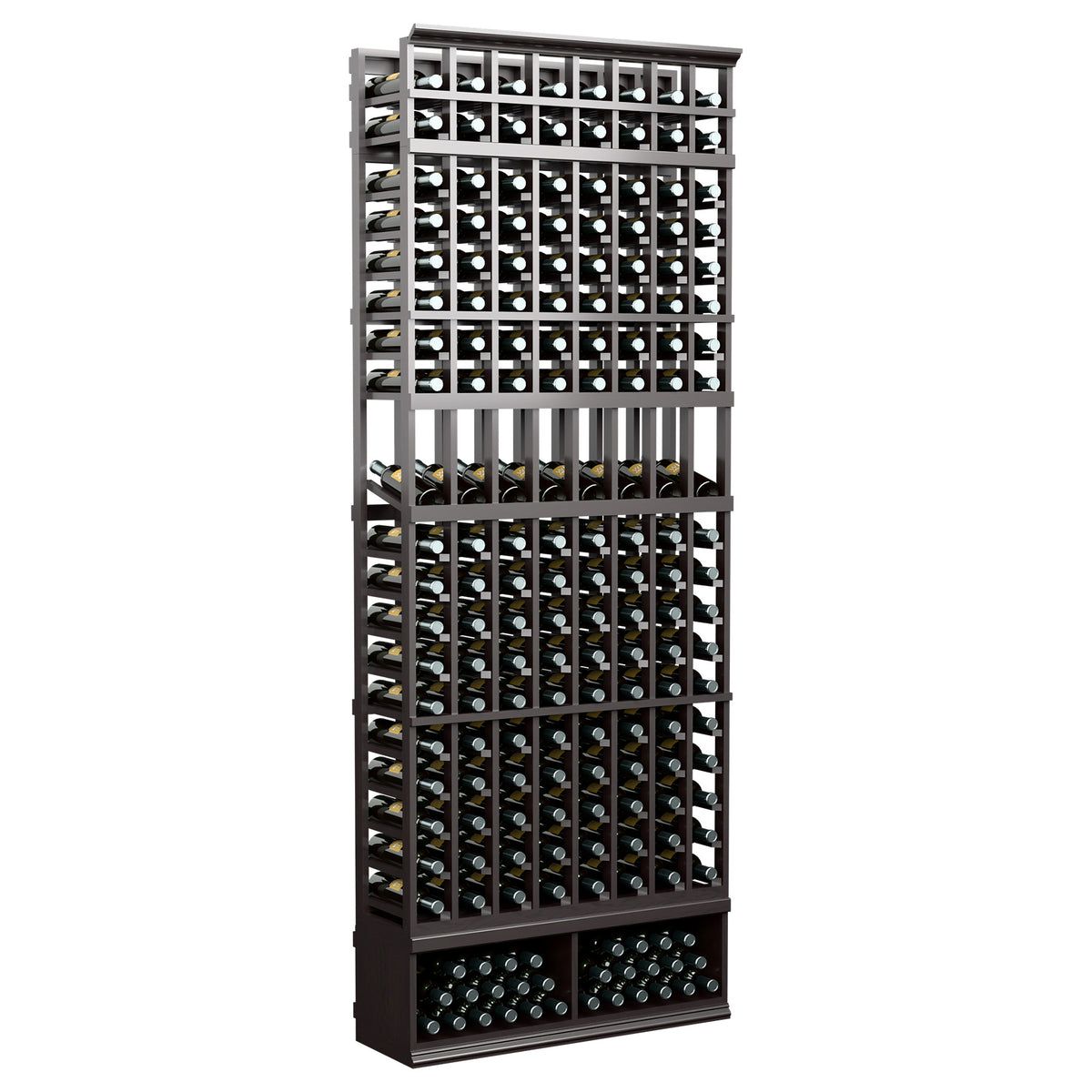 8-column wine display rack with dark/black shelves and circular bottle openings