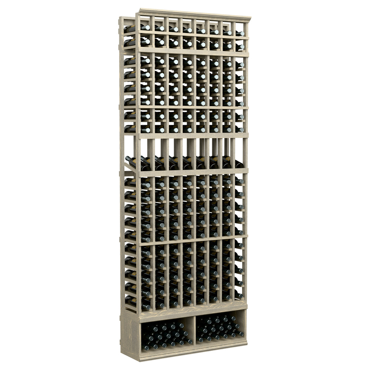 Tall wine bottle display rack with 8 columns, light wood frame and black bottle holders.
