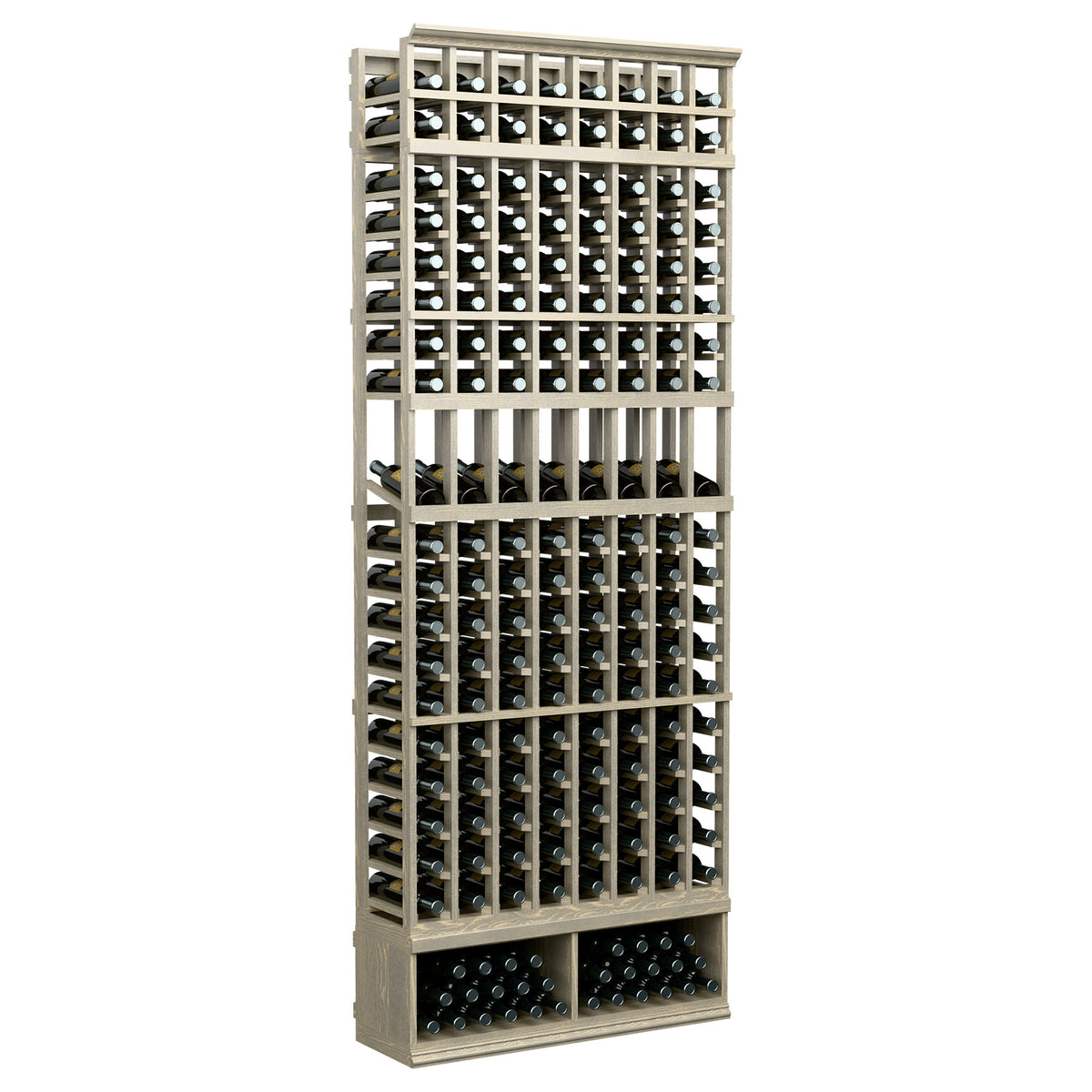 Tall wine bottle display rack with 8 columns, light wood frame and black bottle holders.