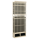 Tall wine bottle display rack with 8 columns, light wood frame and black bottle holders.