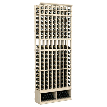 Tall wine bottle display rack with 8 columns, light wood frame and black bottle holders.