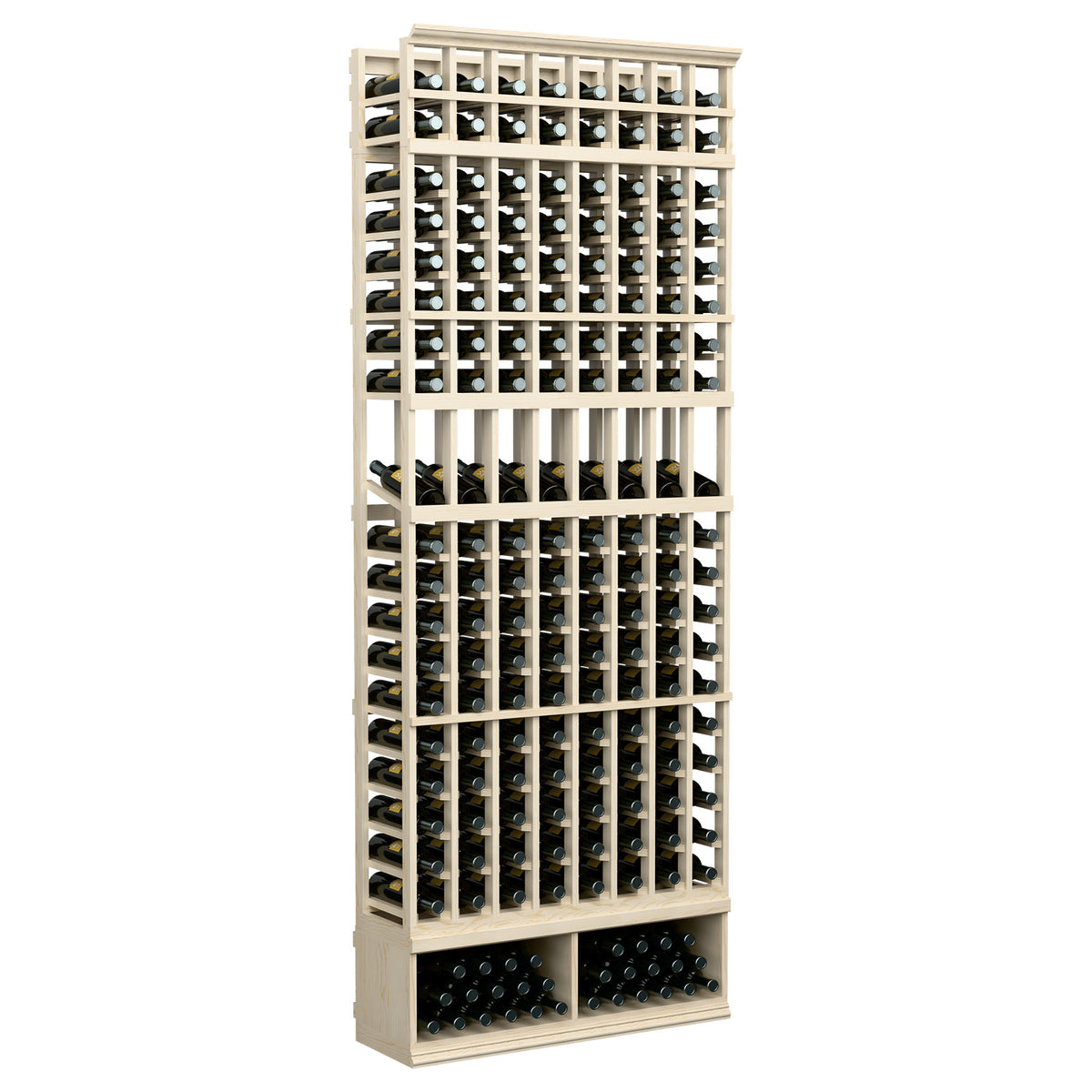 Tall wine bottle display rack with 8 columns, light wood frame and black bottle holders.