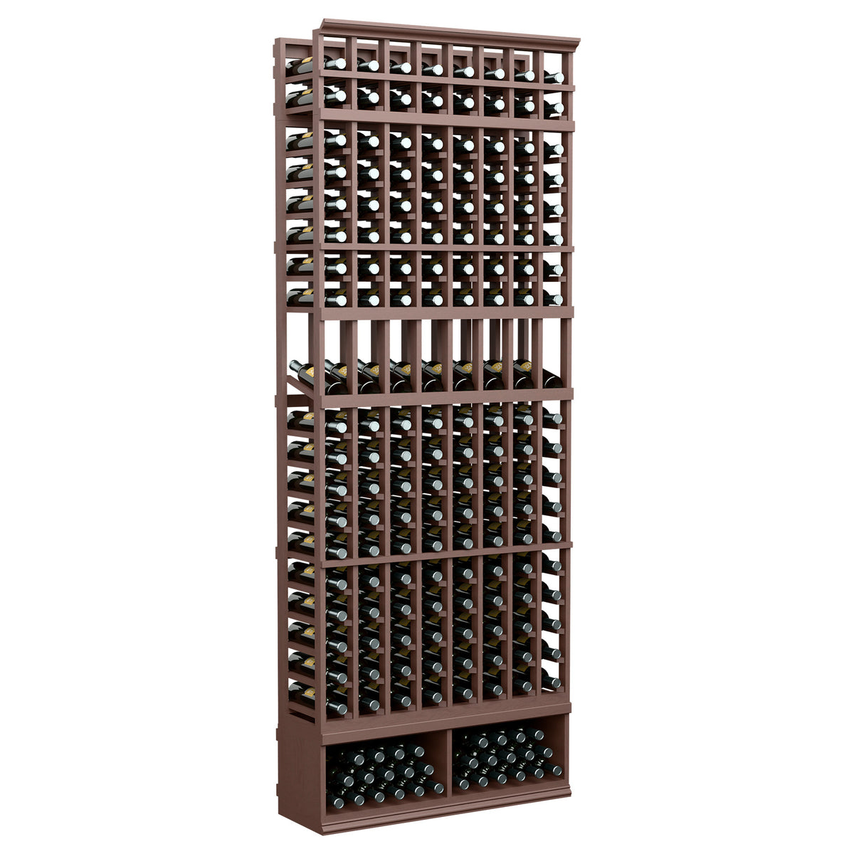 Tall wine bottle display rack with 8 columns, dark brown wood frame and black bottle holders.