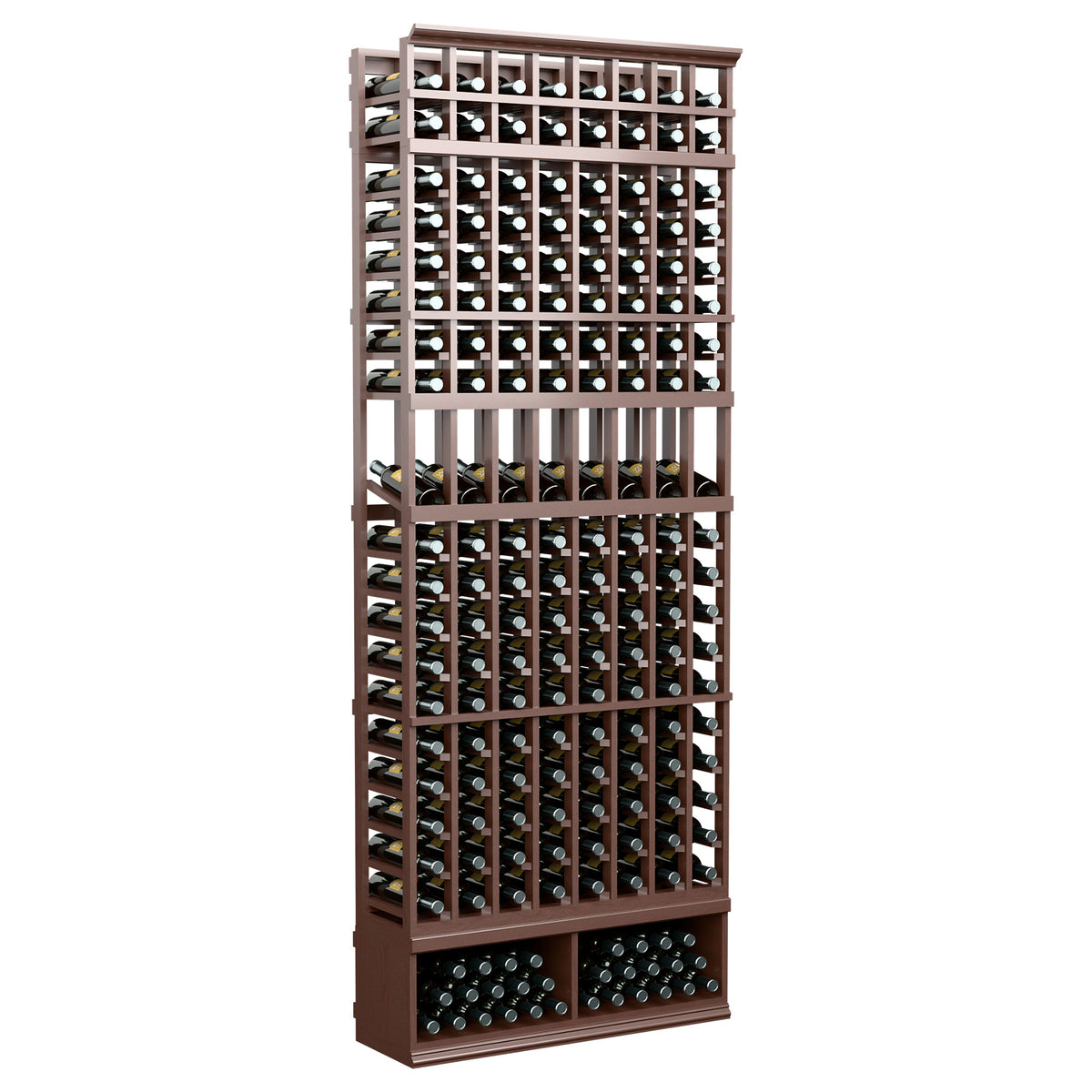 Tall wine bottle display rack with 8 columns, dark brown wood frame and black bottle holders.