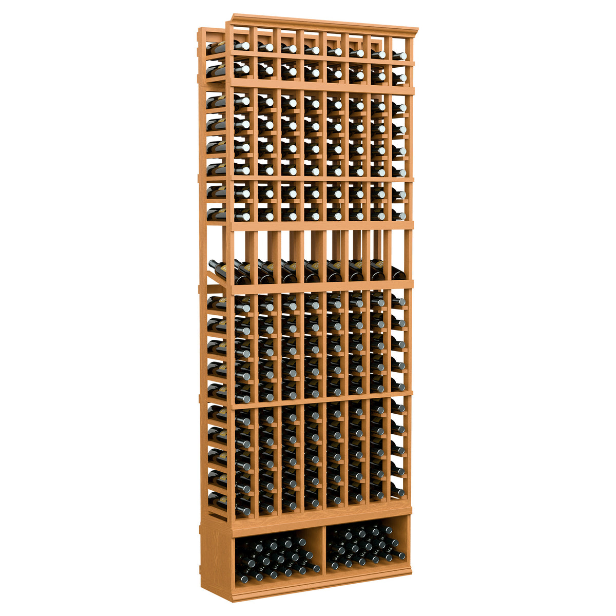 Tall wine bottle display rack with 8 columns, warm tan wood frame and black bottle holders.