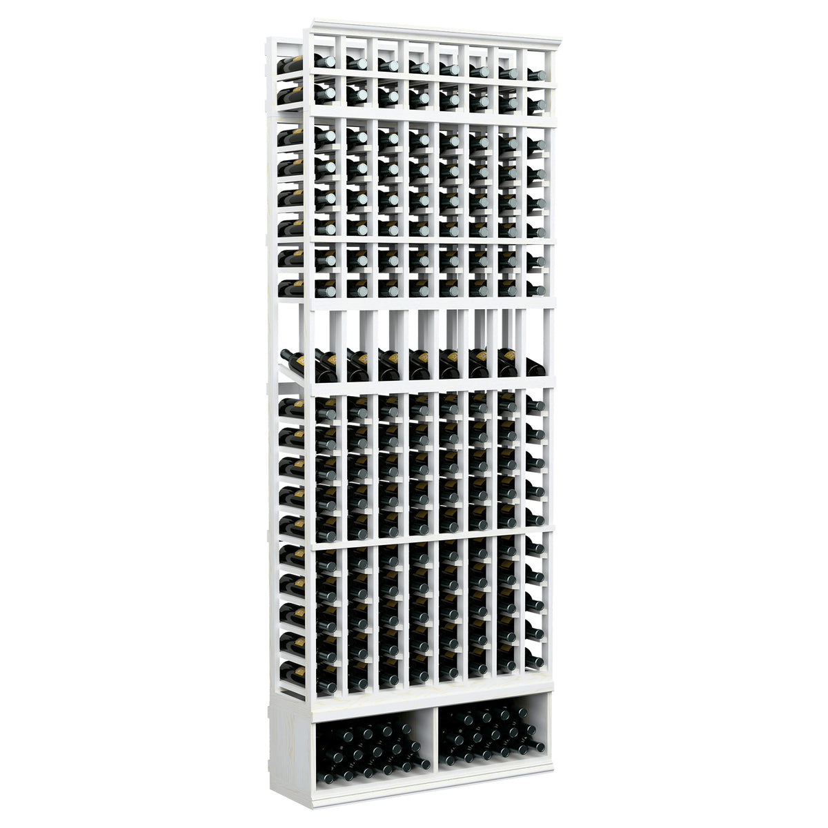 Tall wine bottle display rack with 8 columns, white wood frame and black bottle holders.