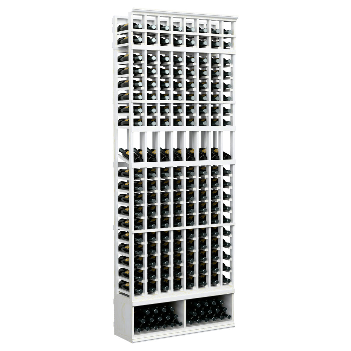 Tall wine bottle display rack with 8 columns, white wood frame and black bottle holders.