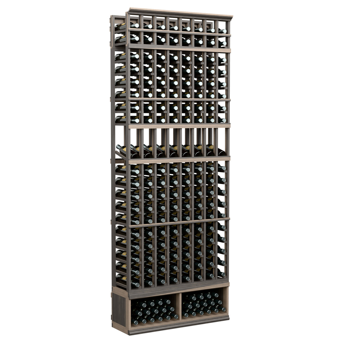 8-column wine bottle display rack with dark frame and grid holding many bottles