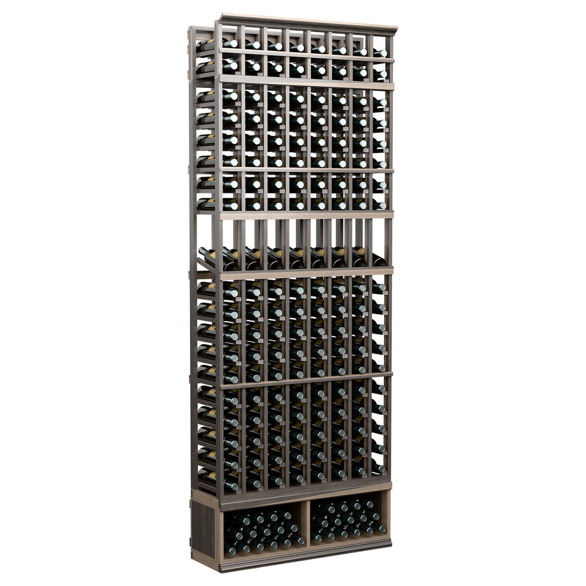 8-column wine bottle display rack with dark wood frame and bottle grid shelves