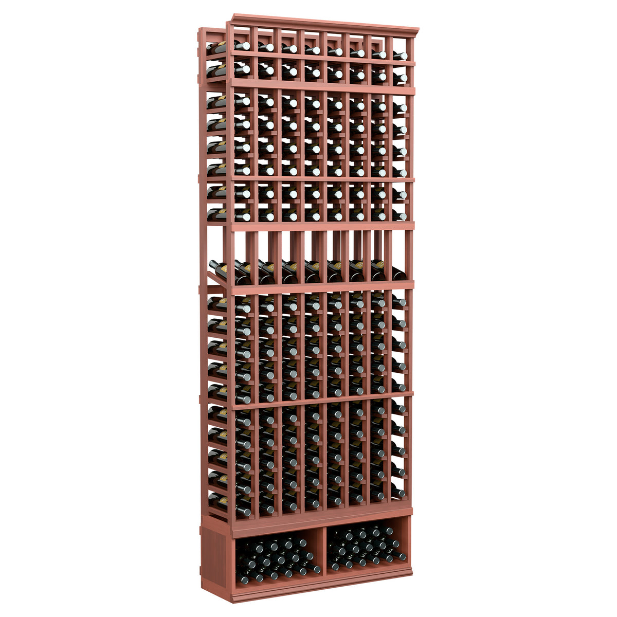 8-column wine bottle display rack with reddish wood frame and bottle grid shelves