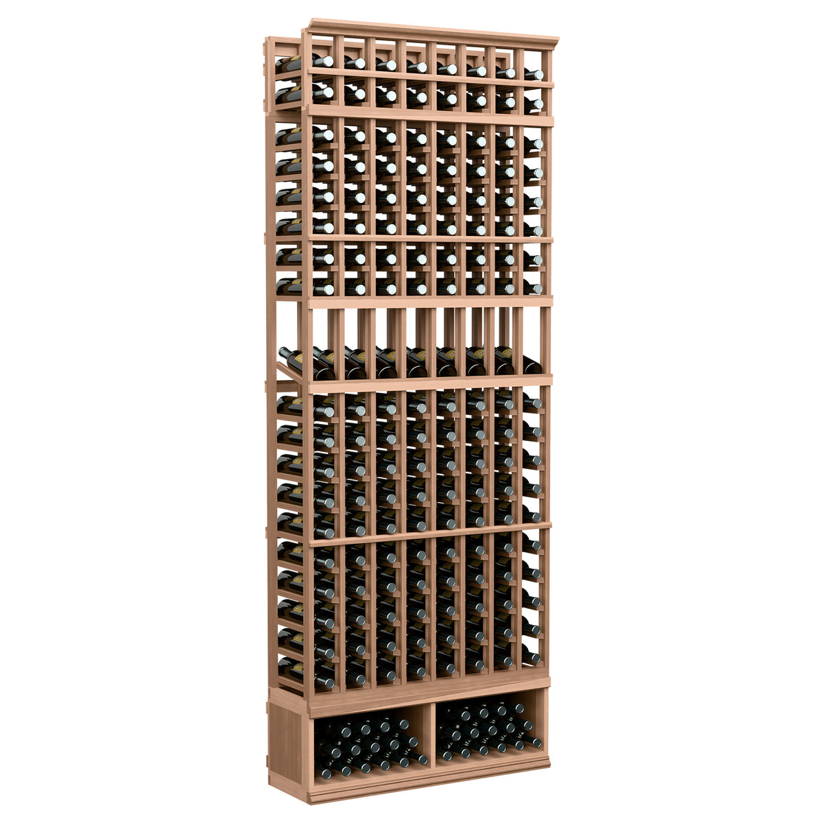 8-column wine bottle display rack with light wood frame and bottle grid shelves