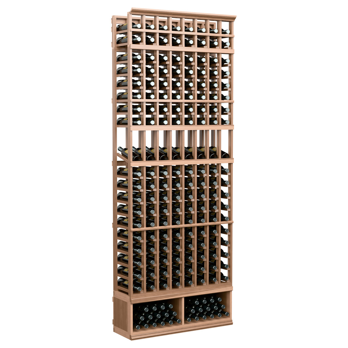 8-column wine bottle display rack with pale wood frame and bottle grid shelves