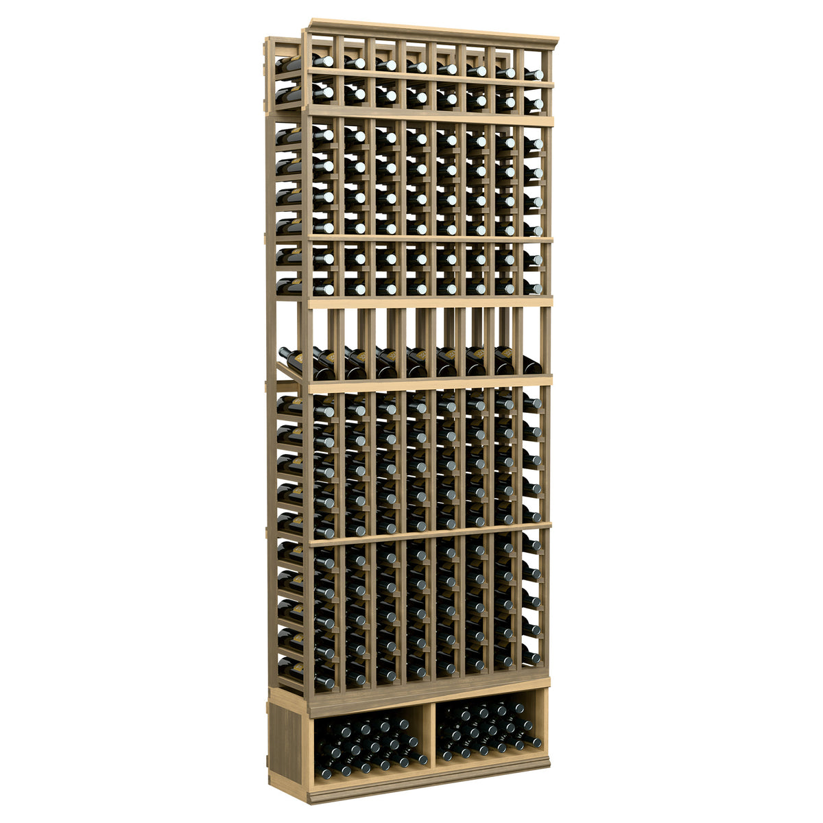 8-column wine bottle display rack with light wood frame and front row bottle cups