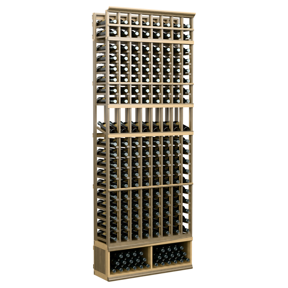 8-column wine bottle display rack with light wood frame and multi-row bottle holders